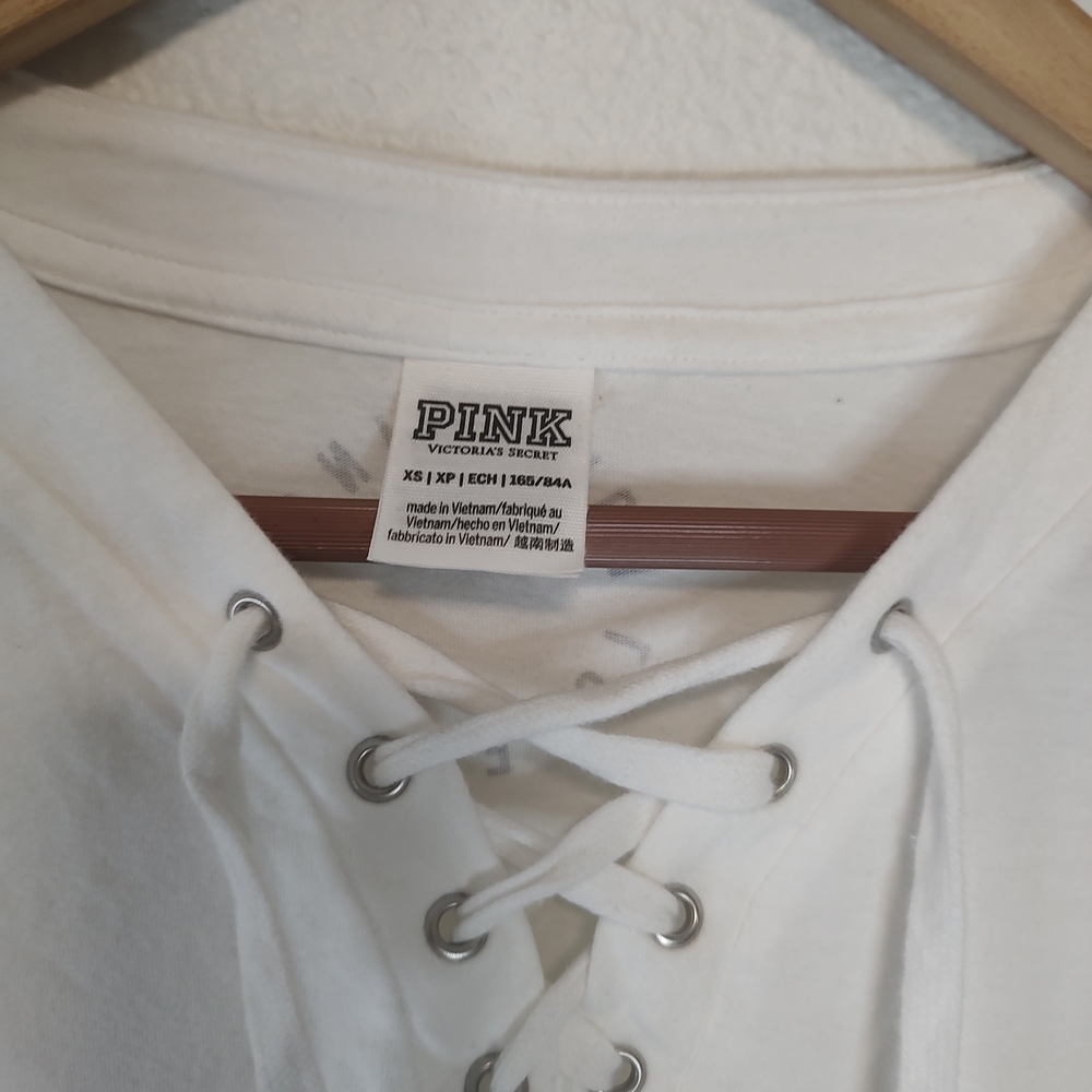 PINK Victoria's Secret White Lace-Up Neck Long Sleeve Cropped T-Shirt Size XS - Picture 5 of 10